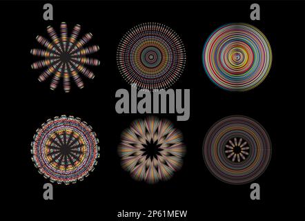Farbenfrohe Vektordarstellung der Stammeskunst in geometrischen runden Formen mit isolierten dynamischen Linien und Punkten auf schwarzem Hintergrund. Stock Vektor
