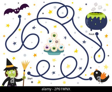 Hilf einer süßen Hexe, den Weg zum Kessel zu finden. Halloween-Labyrinth für Kinder im Cartoon-Stil Stock Vektor