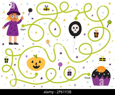Hilf der süßen Hexe, den Weg zum Cupcake zu finden. Halloween-Labyrinth für Kinder mit niedlichen Figuren Stock Vektor