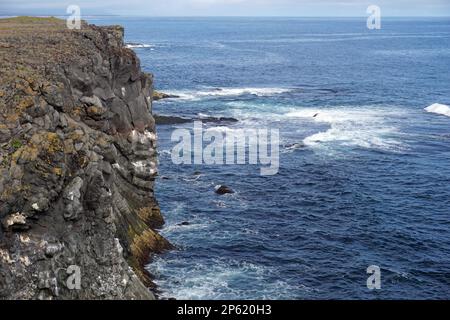 Felsige Klippen im Dorf Arnastrapi auf der Halbinsel Snaefellsnes, Island Stockfoto