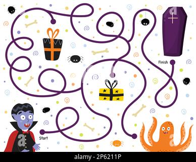 Hilf einem süßen Vampir, den Weg zum Sarg zu finden. Halloween-Labyrinth für Kinder im Cartoon-Stil Stock Vektor