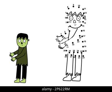 Punkt-zu-Punkt-Spiel für Kinder. Verbinde die Punkte und zeichne einen niedlichen wandelnden Zombie Stock Vektor