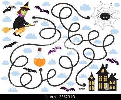Hilf einer süßen Hexe, den Weg nach Hause zu finden. Halloween-Labyrinth für Kinder im Cartoon-Stil Stock Vektor