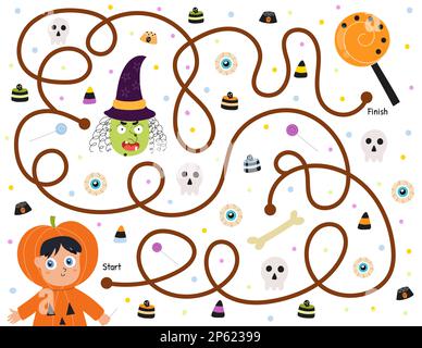 Hilf einem süßen Jungen im Kürbiskostüm, den Weg zu den Süßigkeiten zu finden. Halloween-Labyrinth-Spiel Stock Vektor