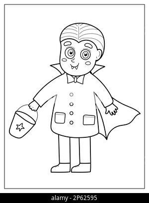 Halloween-Malseite mit einem süßen Vampirjungen. Süßes oder Saures Kind im Dracula-Kostüm Stock Vektor