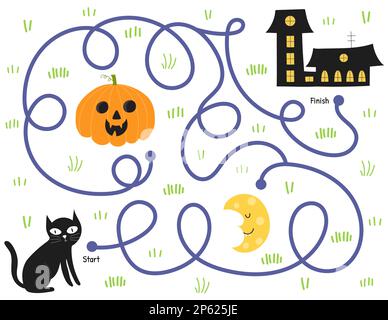 Hilf einer schwarzen Katze, den Weg zum Haus zu finden. Halloween-Labyrinth für Kinder im Cartoon-Stil Stock Vektor