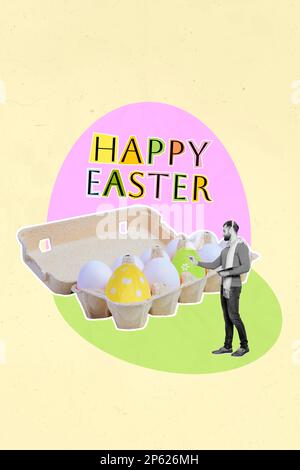 Mini-Mann-Designer-Künstler, der große Eier in einer umweltfreundlichen Recyclingbox malt, um das Osterfest vorzubereiten, überraschen die Käufer des Supermarkts Stockfoto