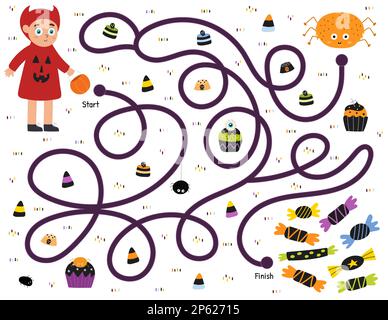 „Süßes oder Saures“-Labyrinth für Kinder. Hilf einem süßen Jungen im Teufelskostüm, den Weg zu den Süßigkeiten zu finden Stock Vektor