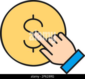 Klicken Sie mit dem Finger auf die Münze, drücken Sie die Taste, berühren Sie das lineare Symbol für die Geldfarbe mit dem Finger. Symbol für Finanzen, Zahlungen, Investitionen und Finanzen. Stock Vektor