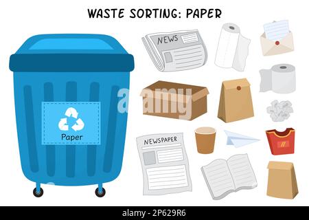 Papierabfallsortierset. Blauer Mülleimer für Papier- und Kartonabfälle Stock Vektor