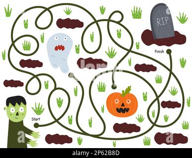 Hilf einem süßen Zombie, den Weg zum Grab zu finden. Halloween-Labyrinth-Spiel Stock Vektor