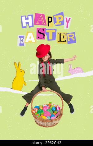Festliche Collage im Stil einer Grußkarte mit einem kleinen Mädchen, das mit großen Leckereien aufspringt, osterbäckerei, bemalte Eier Stockfoto