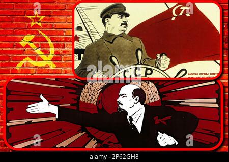 Poster der sowjetischen Propaganda (CCCP, UdSSR), die Lenin und Stalin, zwei grundlegende Persönlichkeiten der kommunistischen Diktatur, würdigen Stockfoto