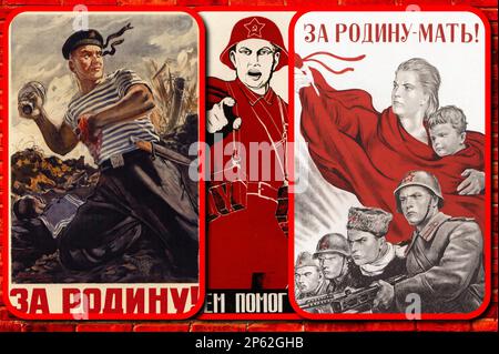 Plakate der sowjetischen Propaganda (UdSSR CCCP), auf denen die Maßnahmen des Volkes zugunsten des Vaterlandes gepriesen werden, Stockfoto