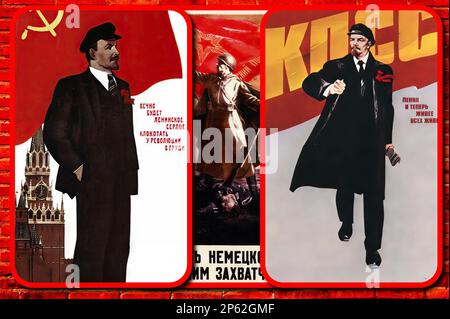 Sowjetische Propagandaposter (UdSSR CCCP), die Lenin darstellen, den Nationalhelden, der das zaristische Russland in einen kommunistischen Einparteienstaat verwandelte Stockfoto