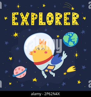 Explorer Space Print mit niedlichem Vogelastronauten. Kosmische Karte im Cartoon-Stil Stock Vektor