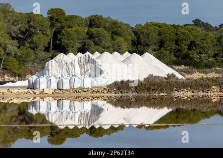 Salinas de s'Avall mit Salzhaufen in Colonia de Sant Jordi, Mallorca, Mallorca, Balearen, Spanien, Europa Stockfoto