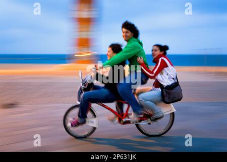 Barcelona: Freunde auf dem Fahrrad im Passeig Maritim de la Barceloneta. Stockfoto