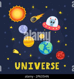 Universen-Druck mit Planeten des Sonnensystems. Space Card im Cartoon-Stil Stock Vektor