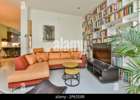 Ein Wohnzimmer mit vielen Büchern auf den Regalen und eine große Pflanze in der Mitte des Zimmers ist neben der Couch Stockfoto