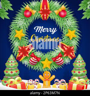 Frohe Weihnachten. 3D Abbildung des Weihnachtskranzes und Geschenke unter dem Kiefernbaum Stock Vektor