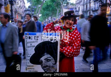 Barcelona: Las Ramblas. Amparito de Granada. Straßenkünstler. Stockfoto