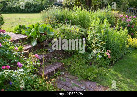 Alte Ziegelsteine steigen auf eine Ebene Rasenfläche Stockfoto