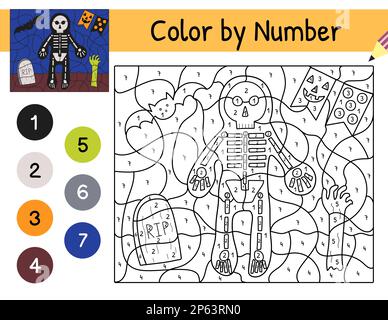 Halloween-Spiel Farbe nach Zahl für Kinder mit einem Skelett. Gruselige Ausmalseite Stock Vektor