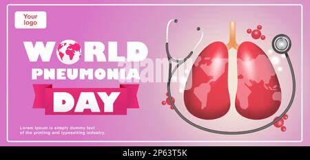 Welttag der Pneumonie, 3D. Darstellung von Stethoskop und Lunge mit Erdmotiv. Geeignet für Veranstaltungen Stock Vektor