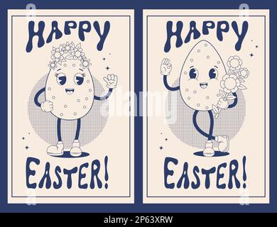 Poster-Kollektion zu Ostern. Trendige Cartoon-Charaktere im Retro-Stil ostereier mit Blumen. Einfarbige Palette. Modernes, klassisches, süßes Maskottchen. Vect Stock Vektor