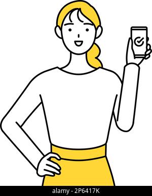 Eine ungezwungene junge Frau, die bei der Arbeit ein Smartphone benutzt, Vector Illustration Stock Vektor