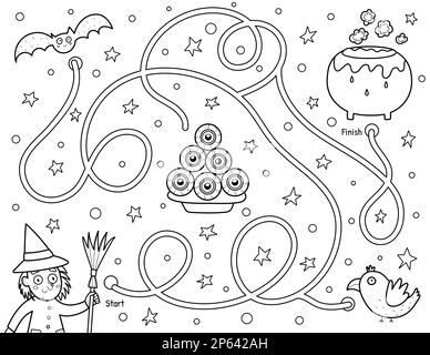 Schwarz-Weiß-Labyrinth-Spiel für Kinder. Hilf einer süßen Hexe, den Weg zum Kessel zu finden Stock Vektor