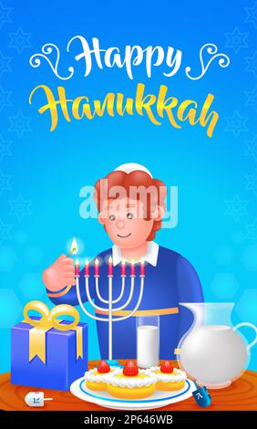 Happy Hanukka, 3D-Darstellung eines jungen Mannes, der eine Kerze zündet Stock Vektor