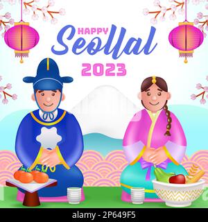 Happy Seollal 2023, 3D Abbildung eines süßen koreanischen Mannes und einer süßen koreanischen Frau mit Kirschblütenverzierung und Berghintergrund Stock Vektor