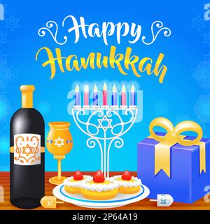 Happy Hanukka, 3D-Darstellung eines Kerzenhalters mit Essen Stock Vektor