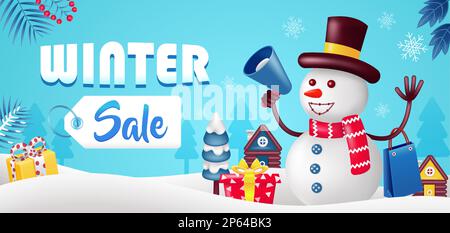 Winterangebot, 3D-Darstellung eines Schneemanns zum Einkaufen Stock Vektor
