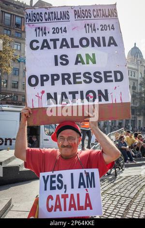 Demonstranten, während der politischen Demonstration für die Unabhängigkeit Kataloniens. Catalunya Square. 19. Oktober 2014. Barcelona. Katalonien. Spanien. Stockfoto
