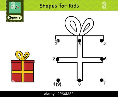 Verbinde die Punkte und ziehe eine Geschenkbox. Punkt-zu-Punkt-Zahlenspiel für Kinder Stock Vektor