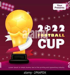 2022 Fußball-Cup, 3D Illustration goldene Ball-Trophäe mit Band Stock Vektor