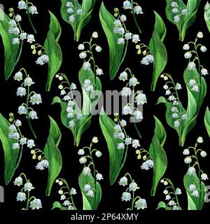Aquarelle, nahtlose Musterung der Lilie des Tals, weiße Blumen und grüne Blätter. Botanischer Hintergrund der ersten Frühlingsblume in natürlichem Stil. Stockfoto