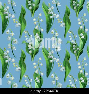 Aquarelle, nahtlose Musterung der Lilie des Tals, weiße Blumen und grüne Blätter. Botanischer Hintergrund der ersten Frühlingsblume in natürlichem Stil. Stockfoto