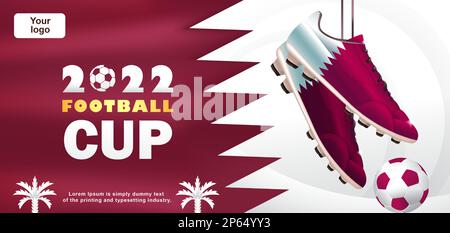 2022 Fußballpokal, 3D Abbildung von Fußballschuhen mit Flagge Stock Vektor