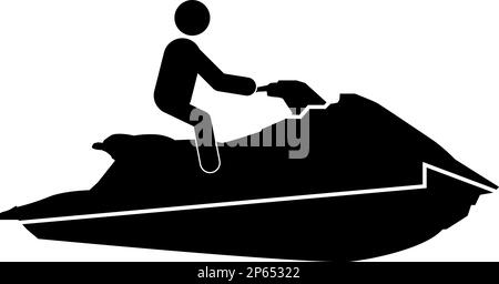 Jet-Ski-Symbol auf weißem Hintergrund. Schild für Rollertransport und Wassersport. Ein Fahrer auf einem Wasserroller. Flacher Stil. Stockfoto