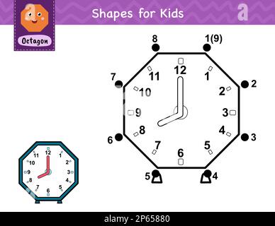 Verbinde die Punkte und zeichne eine Uhr. Punkt-zu-Punkt-Zahlenspiel für Kinder Stock Vektor