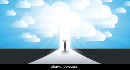 Neue Möglichkeiten, Hoffnung, Träume – Geschäft, Lösungsfindung – Mann steht vor einer Tür, Licht am Ende der Straße Stock Vektor