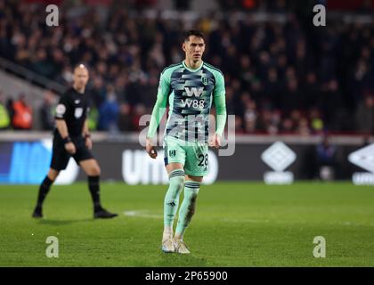 6. März 2023; GTECH Community Stadium, Brentford, London, England; Premier League Football, Brentford gegen Fulham; Sasa Lukic von Fulham Stockfoto