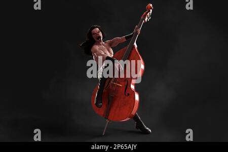 3D Illustration Devil Pose und spielt einen Doppelbass, umgeben von dunklem Hintergrund und Schneideweg. Death Rock-Musiker. Symphonie-Rock-Party Stockfoto