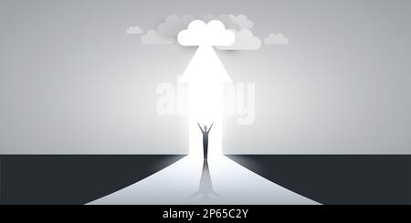 Neue Möglichkeiten, Hoffnung, Träume – Geschäft, Konzept zur Lösungsfindung – Mann steht vor einem Pfeil, Wolken am Ende der Straße Stock Vektor