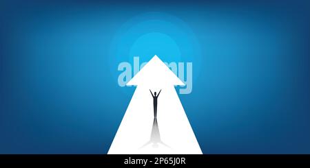 Neue Möglichkeiten, Hoffnung, Träume – Geschäftserfolge, Lösungsfindung – Mann steht auf einem großen Pfeil Stock Vektor