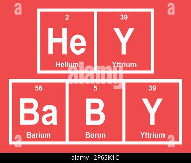 Hey Baby – Helium, Yttrium, Barium und Bor. Lustiger Satz mit dem Periodensystem der chemischen Elemente auf rotem Hintergrund. Stock Vektor